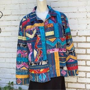 Chico’s denim silk boho coat of many colors' appliqué silk button-up jean jacket